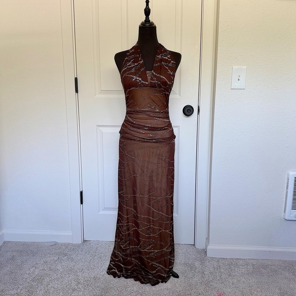 Vintage Y2K Taboo Brown and Gold Glitter Halter Maxi Dress — Size S